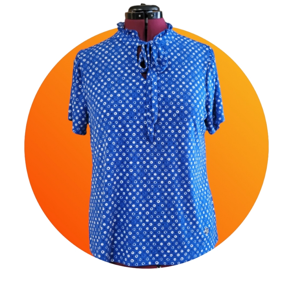 Blue, short sleeve, bow, tie neck, dots, polyester blend, xl, blouse